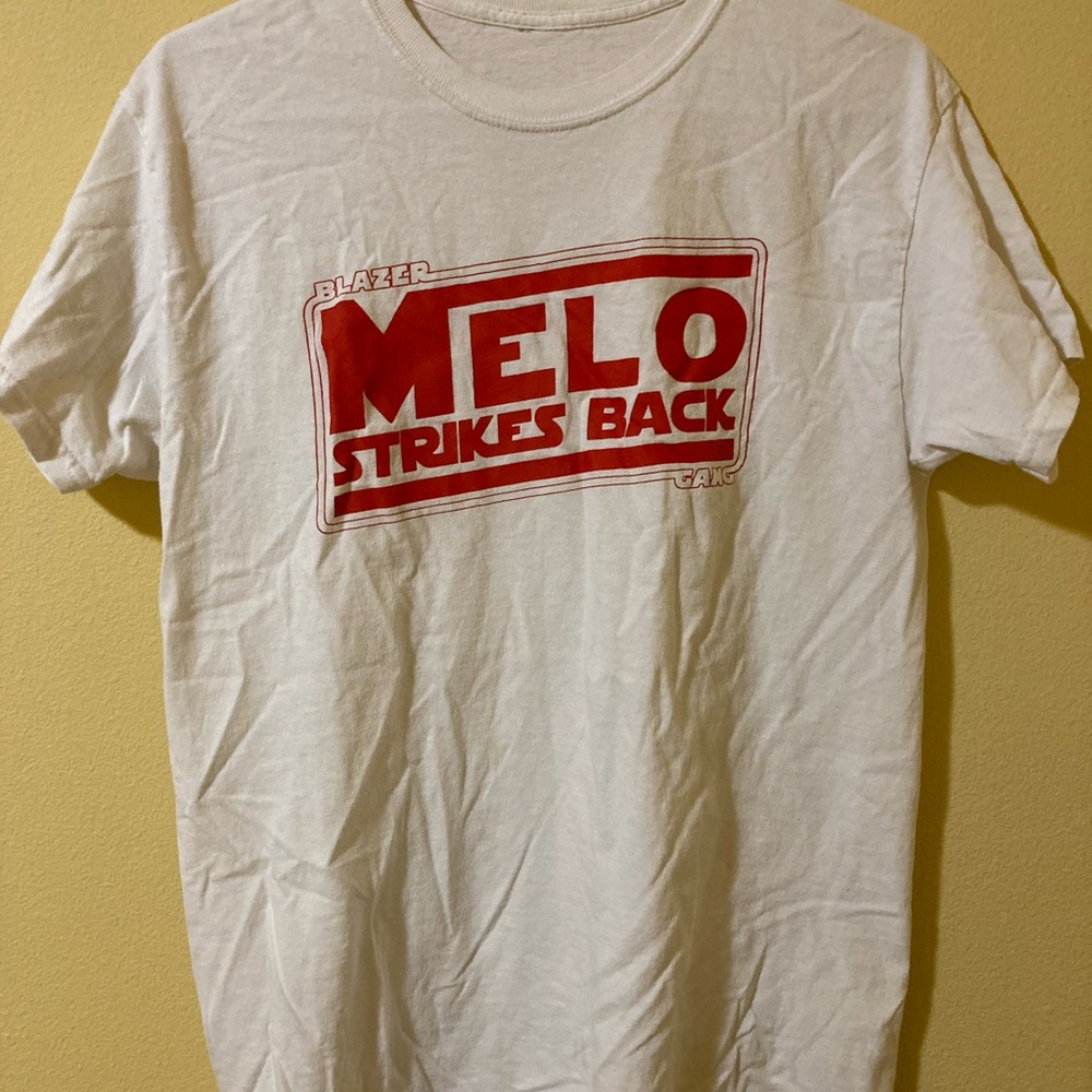 Portland Trailblazers “Melo Strikes Back” White and Red Graphic Men's Shirt